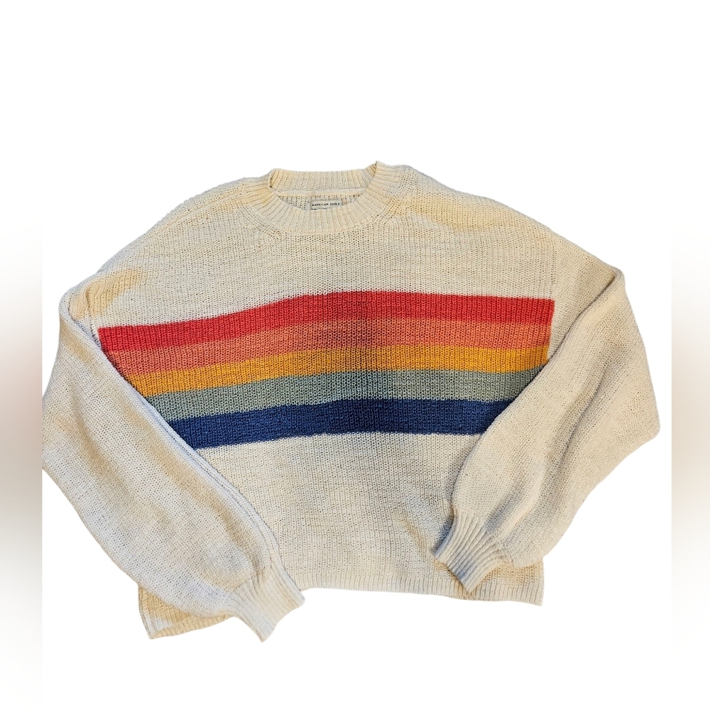 American Eagle Outfitters Cream Sweater with Rainbow Stripes